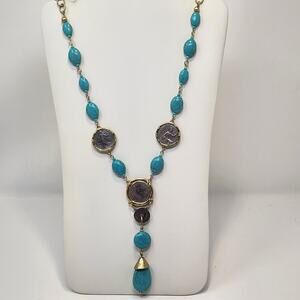 Chicos Faux Turquoise Coin Accent Long Necklace Two Tone Metal Y Drop Jewelry